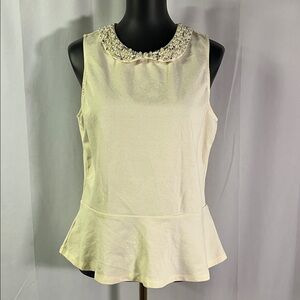 Ann Taylor Ivory Pearl Beaded Collar Sleeveless Peplum Hem Blouse